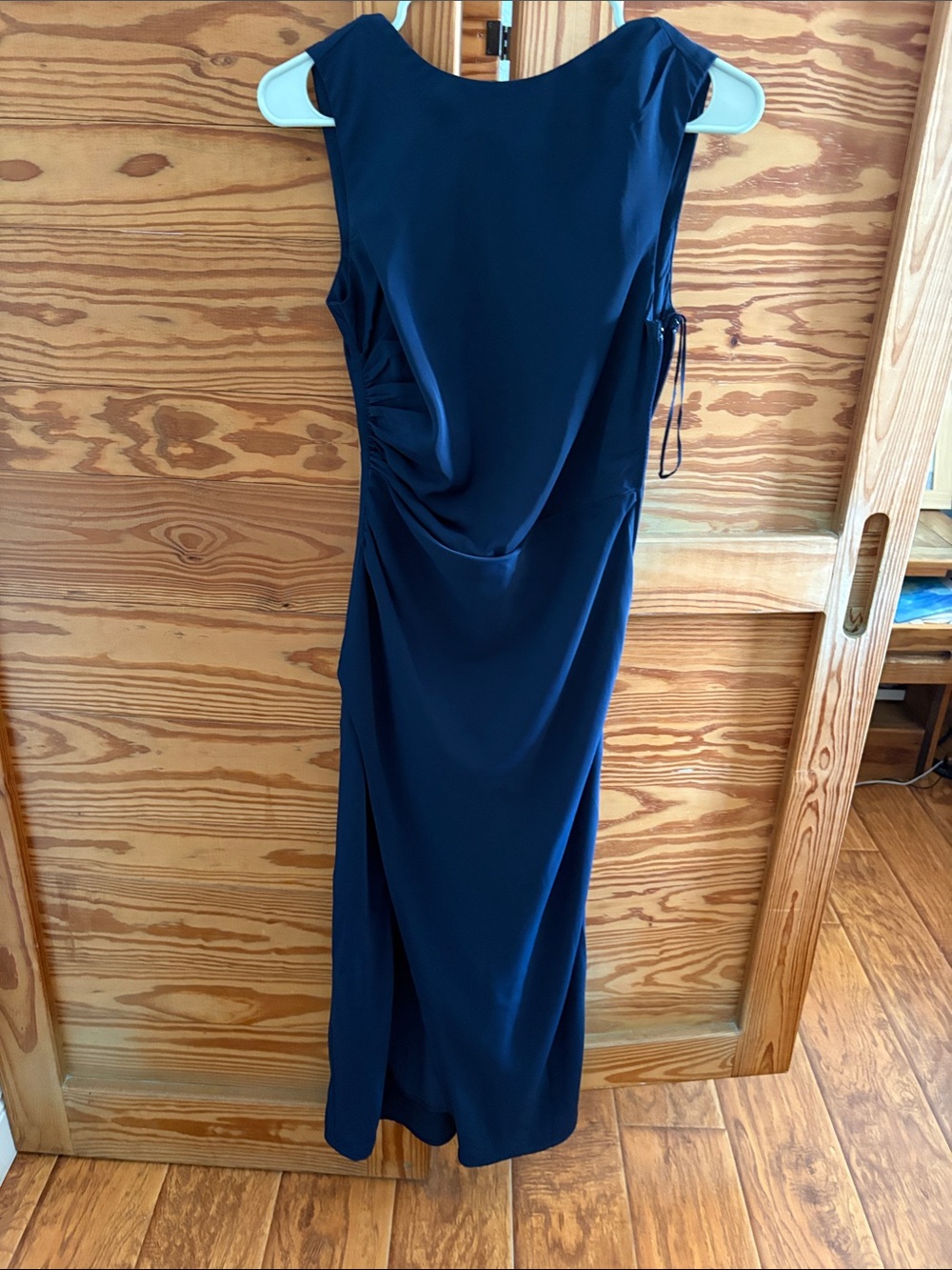 Navy blue maxi dress with slit and open back